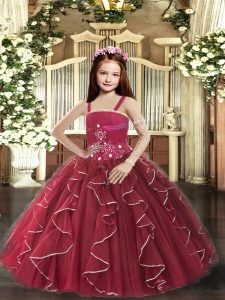  Sleeveless Tulle Floor Length Lace Up Little Girl Pageant Dress in Burgundy with Beading and Ruffles