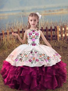  Sleeveless Lace Up Floor Length Embroidery and Ruffles Little Girl Pageant Dress