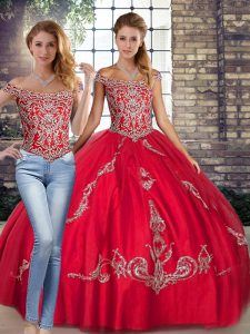 Vintage Red Off The Shoulder Lace Up Beading and Embroidery Sweet 16 Quinceanera Dress Sleeveless