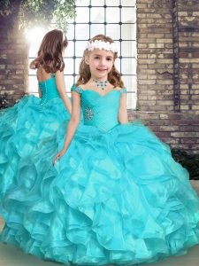  Aqua Blue Sleeveless Beading and Ruffles Floor Length Kids Formal Wear