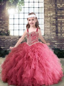  Straps Sleeveless Little Girl Pageant Dress Floor Length Beading and Ruffles Pink Tulle