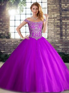 Captivating Sleeveless Beading Lace Up Quince Ball Gowns with Purple Brush Train