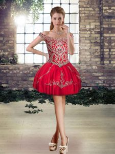  Mini Length Red Prom Evening Gown Tulle Sleeveless Beading and Appliques