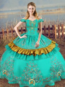 Dazzling Embroidery 15 Quinceanera Dress Turquoise Lace Up Sleeveless Floor Length