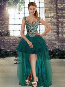 Fantastic Dark Green Tulle Lace Up Prom Dress Sleeveless High Low Beading and Ruffles