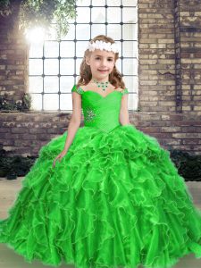  Straps Sleeveless Girls Pageant Dresses Floor Length Beading and Ruffles Green Organza