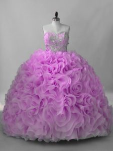 Fine Lilac Fabric With Rolling Flowers Lace Up Ball Gown Prom Dress Sleeveless Brush Train Beading