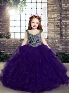 Excellent Ball Gowns Child Pageant Dress Purple Straps Tulle Sleeveless Floor Length Lace Up