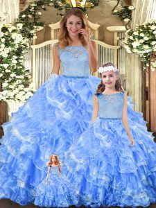 Exceptional Light Blue Ball Gowns Lace and Ruffled Layers Quince Ball Gowns Zipper Organza Sleeveless Floor Length