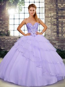 Superior Lavender Tulle Lace Up Quinceanera Gowns Sleeveless Brush Train Beading and Ruffled Layers
