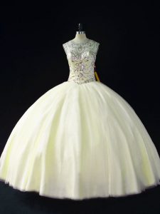  Sleeveless Tulle Floor Length Lace Up Sweet 16 Quinceanera Dress in Light Yellow with Beading