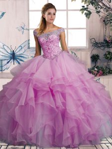  Floor Length Lilac Quinceanera Dress Off The Shoulder Sleeveless Lace Up