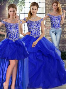 Smart Sleeveless Brush Train Lace Up Beading and Ruffles Quince Ball Gowns