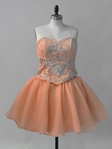 High Class Orange Ball Gowns Sweetheart Sleeveless Organza Mini Length Lace Up Beading Prom Dresses
