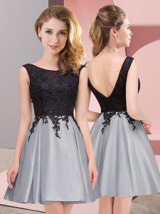 Affordable Grey A-line Satin Scoop Sleeveless Lace Mini Length Zipper Quinceanera Court of Honor Dress