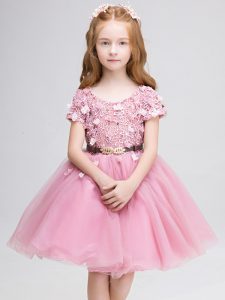  Tulle Scoop Short Sleeves Lace Up Lace and Belt Flower Girl Dresses for Less in Pink 