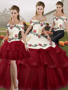High Quality Wine Red Three Pieces Off The Shoulder Sleeveless Tulle Brush Train Lace Up Embroidery and Ruffled Layers 15th Birthday Dress