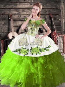  Green Off The Shoulder Lace Up Embroidery and Ruffles Vestidos de Quinceanera Sleeveless