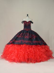  Lace Up Sweet 16 Dresses Red And Black for Sweet 16 and Quinceanera with Embroidery and Ruffles Brush Train