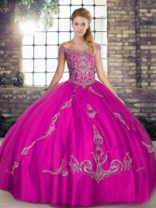  Fuchsia Sleeveless Floor Length Beading and Embroidery Lace Up Ball Gown Prom Dress