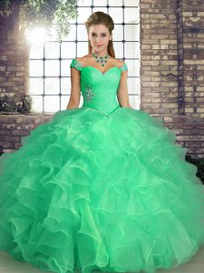  Organza Off The Shoulder Sleeveless Lace Up Beading and Ruffles Sweet 16 Quinceanera Dress in Turquoise