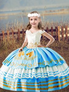 Perfect Baby Blue Ball Gowns Embroidery Kids Pageant Dress Lace Up Satin Sleeveless Floor Length