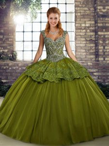 Most Popular Straps Sleeveless Ball Gown Prom Dress Floor Length Beading and Appliques Olive Green Tulle