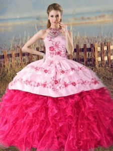  Sleeveless Organza Court Train Lace Up Ball Gown Prom Dress in Hot Pink with Embroidery and Ruffles