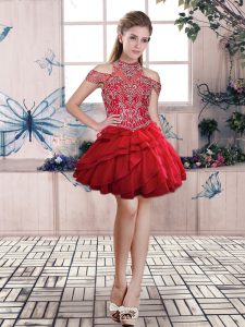 Custom Fit Red Halter Top Neckline Beading and Ruffled Layers Dress for Prom Sleeveless Lace Up