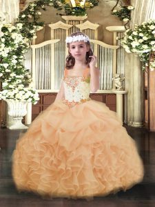  Sleeveless Organza Floor Length Lace Up Little Girl Pageant Dress in Peach with Beading and Ruffles and Pick Ups