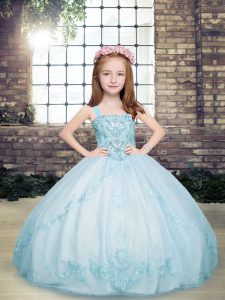Eye-catching Floor Length Ball Gowns Sleeveless Light Blue Little Girls Pageant Gowns Lace Up