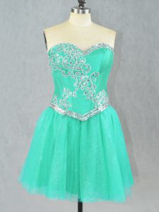 Customized Turquoise Lace Up Prom Dress Beading Sleeveless Mini Length