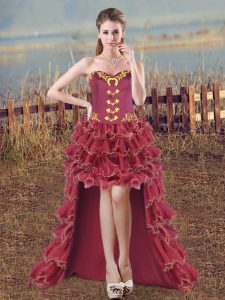 Best Burgundy Ball Gowns Sweetheart Sleeveless Organza High Low Lace Up Embroidery and Ruffles Prom Party Dress