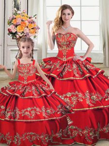 Modern Red Sleeveless Satin and Organza Lace Up Quinceanera Dresses for Sweet 16 and Quinceanera