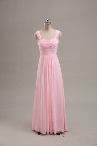 Graceful Baby Pink A-line Chiffon Straps Sleeveless Ruching Floor Length Zipper Evening Dress