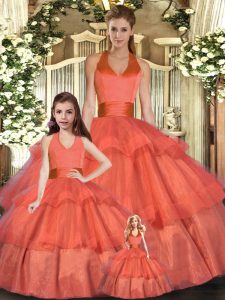 Popular Halter Top Sleeveless Sweet 16 Quinceanera Dress Floor Length Ruffled Layers Orange Red Organza