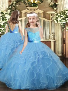 Pretty Scoop Sleeveless Backless Child Pageant Dress Baby Blue Tulle