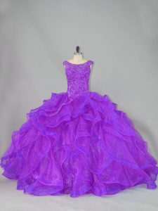 Affordable Beading and Ruffles Ball Gown Prom Dress Purple Lace Up Sleeveless Brush Train