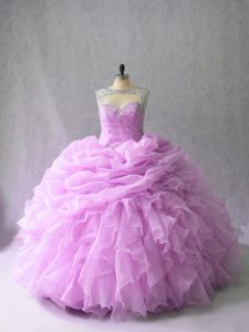 Shining Lilac Ball Gowns Scoop Sleeveless Organza Brush Train Lace Up Beading and Ruffles Vestidos de Quinceanera