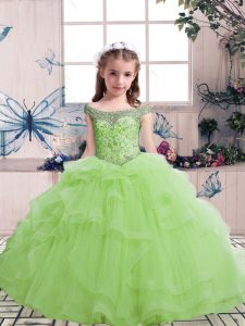  Floor Length Yellow Green Little Girl Pageant Gowns Scoop Sleeveless Lace Up