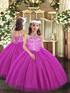 Dazzling Halter Top Sleeveless Tulle Girls Pageant Dresses Beading Lace Up