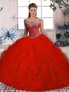 Free and Easy Red Ball Gowns Tulle Off The Shoulder Sleeveless Beading and Ruffles Lace Up Sweet 16 Quinceanera Dress Brush Train