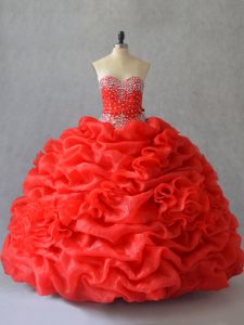 High End Ball Gowns Quinceanera Gown Red Sweetheart Organza Sleeveless Floor Length Lace Up