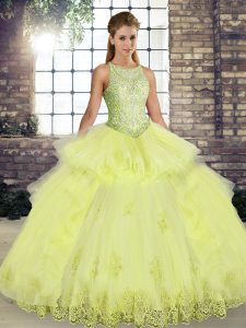 Suitable Floor Length Yellow Sweet 16 Dress Tulle Sleeveless Lace and Embroidery and Ruffles