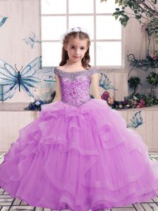  Lilac Off The Shoulder Lace Up Beading Little Girl Pageant Dress Sleeveless
