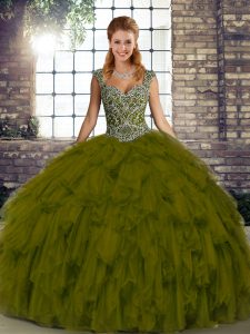 Deluxe Floor Length Ball Gowns Sleeveless Olive Green Vestidos de Quinceanera Lace Up