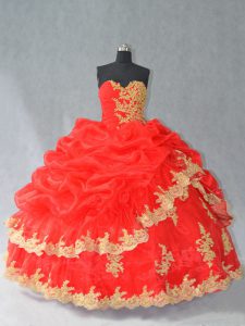  Red Sweetheart Lace Up Lace and Appliques and Pick Ups Quinceanera Dress Sleeveless