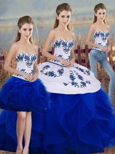Dramatic Sweetheart Sleeveless Sweet 16 Dresses Floor Length Embroidery and Ruffles and Bowknot Royal Blue Tulle