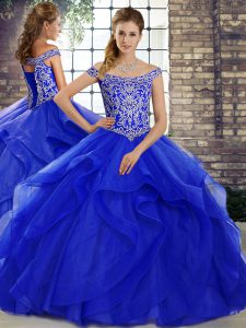 Cheap Royal Blue Off The Shoulder Neckline Beading and Ruffles Quinceanera Dresses Sleeveless Lace Up