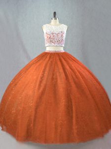 Hot Selling Rust Red Tulle Zipper Quince Ball Gowns Sleeveless Floor Length Beading